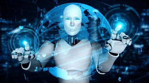 Futuristic robot artificial intelligence enlightening AI technology concept Illustrazione stock