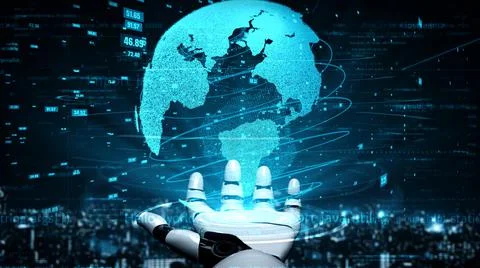 Futuristic robot artificial intelligence enlightening AI technology concept Illustrazione stock