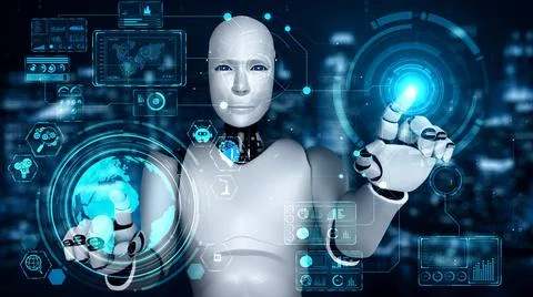 Futuristic robot artificial intelligence enlightening AI technology concept Stock Illustration