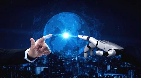 Futuristic robot artificial intelligence enlightening AI technology concept Illustrazione stock