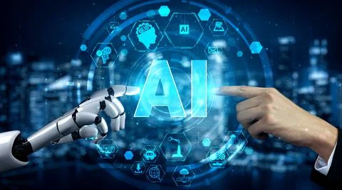 Futuristic robot artificial intelligence enlightening AI technology concept Stock Illustration