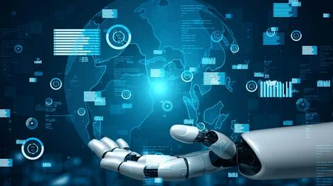 Futuristic robot artificial intelligence enlightening AI technology concept Illustrazione stock