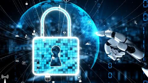 Futuristic robot artificial intelligence enlightening AI technology concept Illustrazione stock