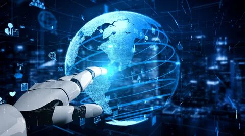 Futuristic robot artificial intelligence enlightening AI technology concept Illustrazione stock