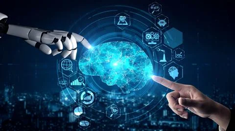 Futuristic robot artificial intelligence enlightening AI technology concept Stock Illustration