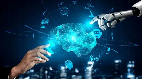 Futuristic robot artificial intelligence enlightening AI technology concept Stock Illustration