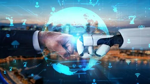 Futuristic robot artificial intelligence enlightening AI technology concept Illustrazione stock