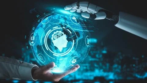 Futuristic robot artificial intelligence enlightening AI technology concept 库存插图