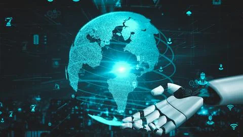 Futuristic robot artificial intelligence enlightening AI technology concept Stock Illustration