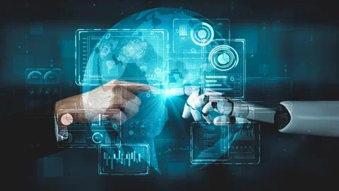 Futuristic robot artificial intelligence enlightening AI technology concept Illustrazione stock