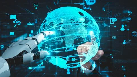 Futuristic robot artificial intelligence enlightening AI technology concept Stock Illustration