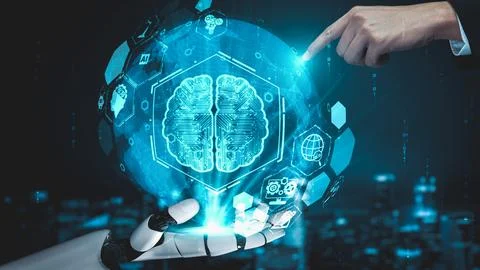 Futuristic robot artificial intelligence enlightening AI technology concept Stock Illustration