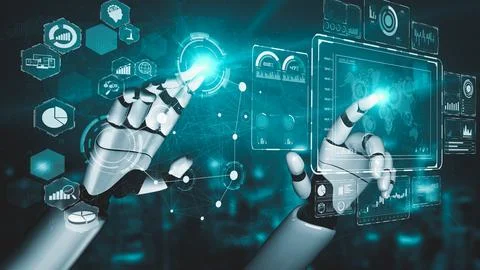 Futuristic robot artificial intelligence enlightening AI technology concept Illustrazione stock