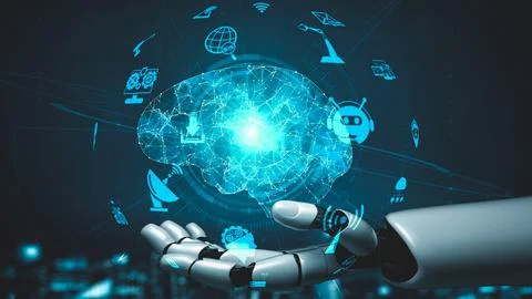 Futuristic robot artificial intelligence enlightening AI technology concept Stock Illustration