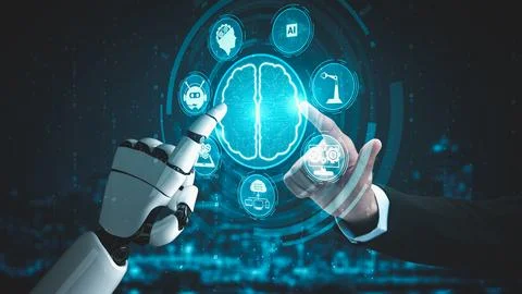 Futuristic robot artificial intelligence enlightening AI technology concept Stock Illustration