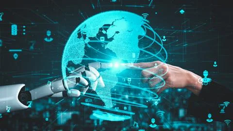 Futuristic robot artificial intelligence enlightening AI technology concept Illustrazione stock