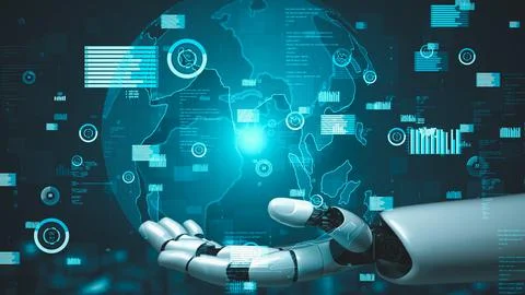 Futuristic robot artificial intelligence enlightening AI technology concept Illustrazione stock