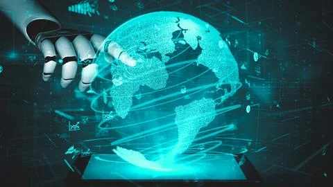 Futuristic robot artificial intelligence enlightening AI technology concept Illustrazione stock