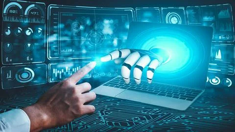 Futuristic robot artificial intelligence enlightening AI technology concept Illustration