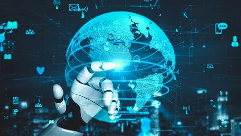 Futuristic robot artificial intelligence enlightening AI technology concept 스톡 일러스트