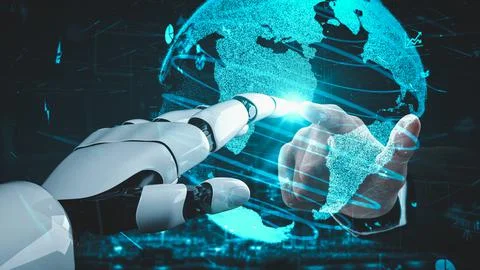 Futuristic robot artificial intelligence enlightening AI technology concept Stock Illustration