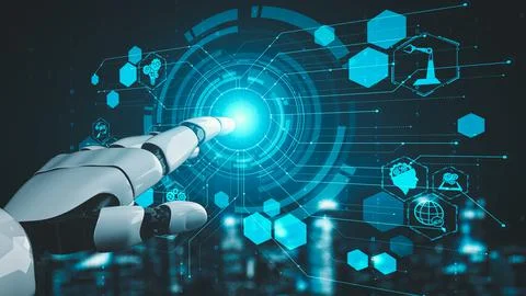 Futuristic robot artificial intelligence enlightening AI technology concept Illustrazione stock
