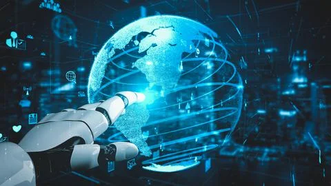 Futuristic robot artificial intelligence enlightening AI technology concept Illustrazione stock