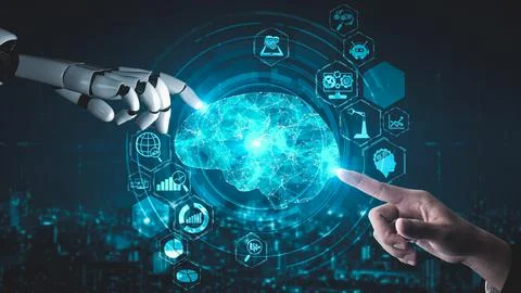 Futuristic robot artificial intelligence enlightening AI technology concept Stock Illustration