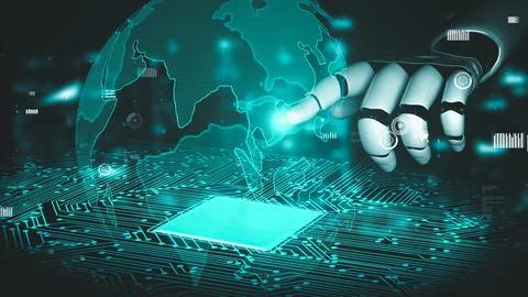 Futuristic robot artificial intelligence enlightening AI technology concept Illustrazione stock