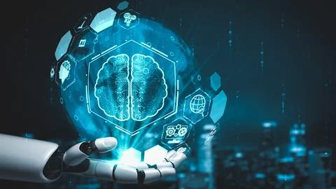 Futuristic robot artificial intelligence enlightening AI technology concept Stock Illustration