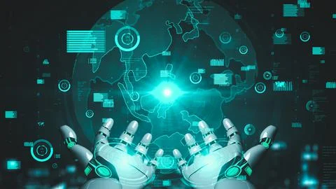Futuristic robot artificial intelligence enlightening AI technology concept Stock Illustration