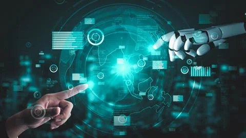 Futuristic robot artificial intelligence enlightening AI technology concept Stock Illustration