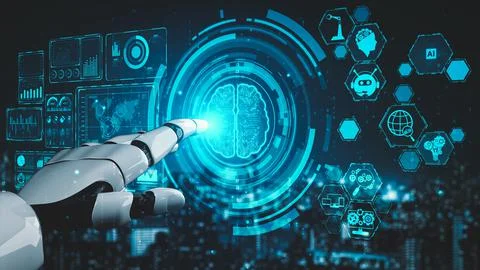 Futuristic robot artificial intelligence enlightening AI technology concept Stock Illustration