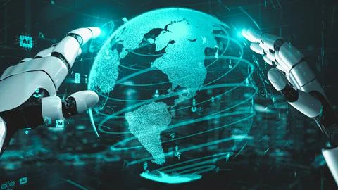 Futuristic robot artificial intelligence enlightening AI technology concept Stock Illustration