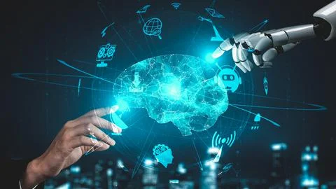 Futuristic robot artificial intelligence enlightening AI technology concept Illustrazione stock