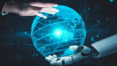 Futuristic robot artificial intelligence enlightening AI technology concept Illustrazione stock