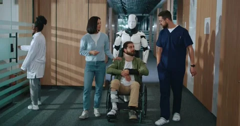 Futuristic robot with artificial intelligence helping injured young patient in Stock Footage 256170892
