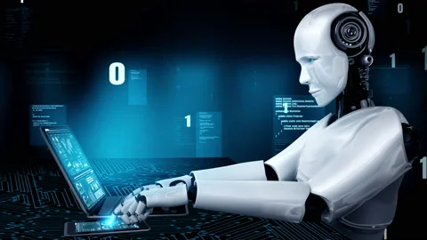 Futuristic robot artificial intelligence huminoid AI programming coding Stock Footage 210686477