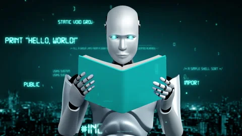Futuristic robot artificial intelligence huminoid AI programming coding Stock Footage 211144755