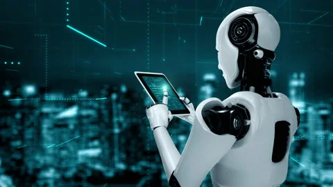 Futuristic robot artificial intelligence huminoid AI programming coding Stock Footage 211145264