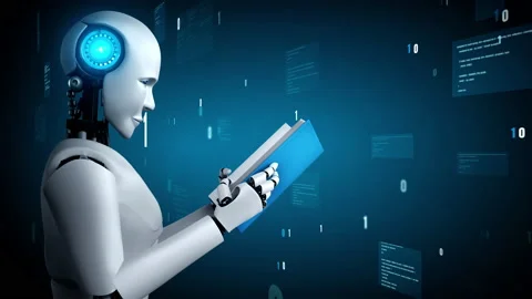 Futuristic robot artificial intelligence huminoid AI programming coding Stock Footage 212844099