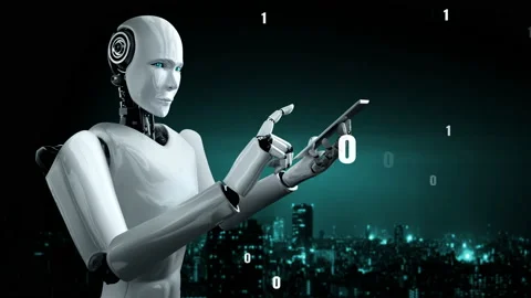 Futuristic robot artificial intelligence huminoid AI programming coding Stock Footage 212845083