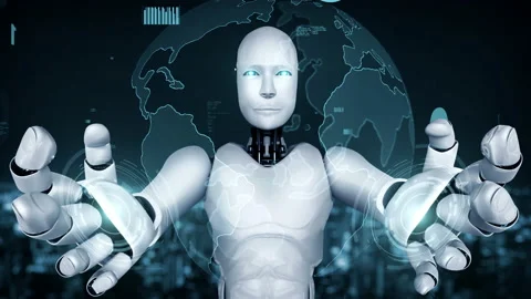 Futuristic robot artificial intelligence huminoid AI programming coding Stock Footage 215651105