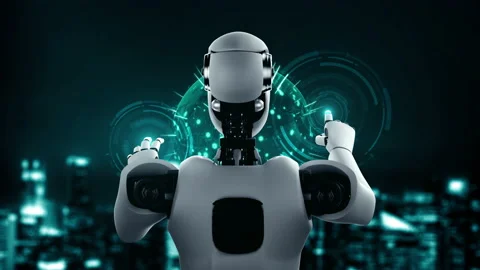 Futuristic robot artificial intelligence huminoid AI programming coding Stock Footage 216893340