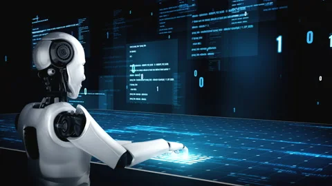 Futuristic robot artificial intelligence huminoid AI programming coding Stock Footage 218181939