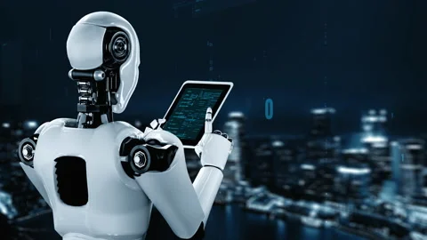 Futuristic robot artificial intelligence huminoid AI programming coding Stock Footage 218274364