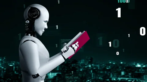 Futuristic robot artificial intelligence huminoid AI programming coding Stock Footage 218336403