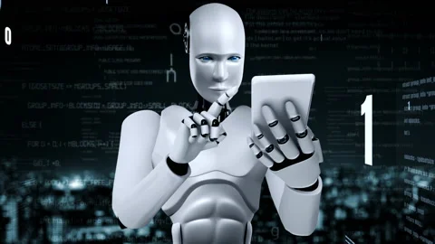 Futuristic robot artificial intelligence huminoid AI programming coding Stock Footage 218336581