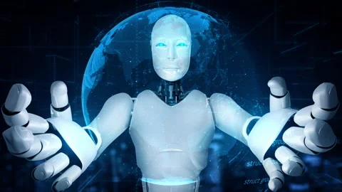 Futuristic robot artificial intelligence huminoid AI programming coding Stock Footage 219176252