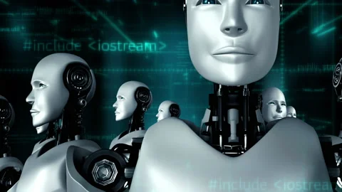 Futuristic robot artificial intelligence huminoid AI programming coding Stock Footage 219240744